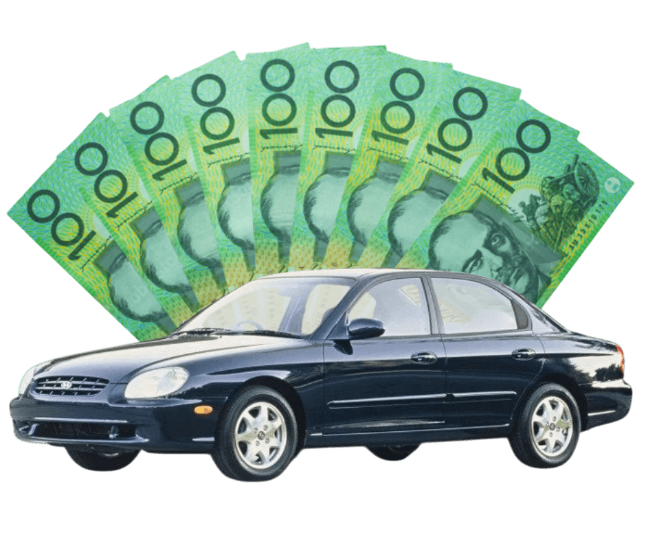 Photo of an old car with a lot of cash behind it